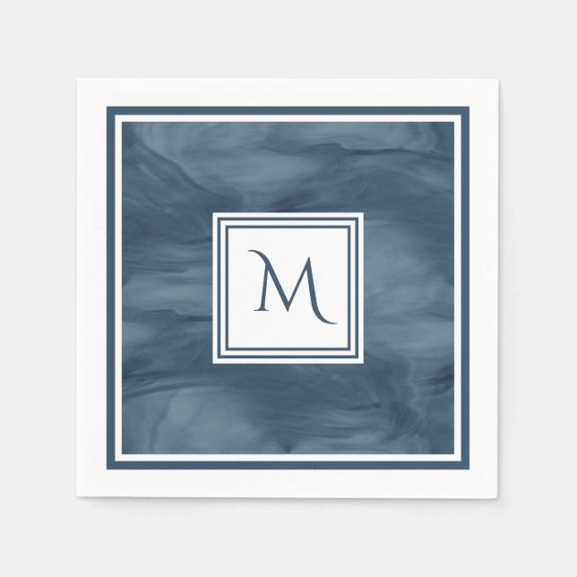 Simple Navy Blue Subtle Marble Modern Monogram Napkin (Front)