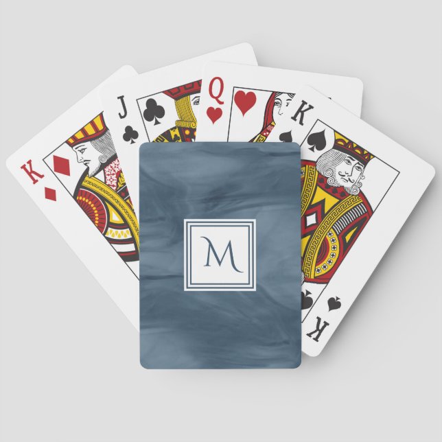 Simple Navy Blue Subtle Marble Modern Monogram Playing Cards (Back)