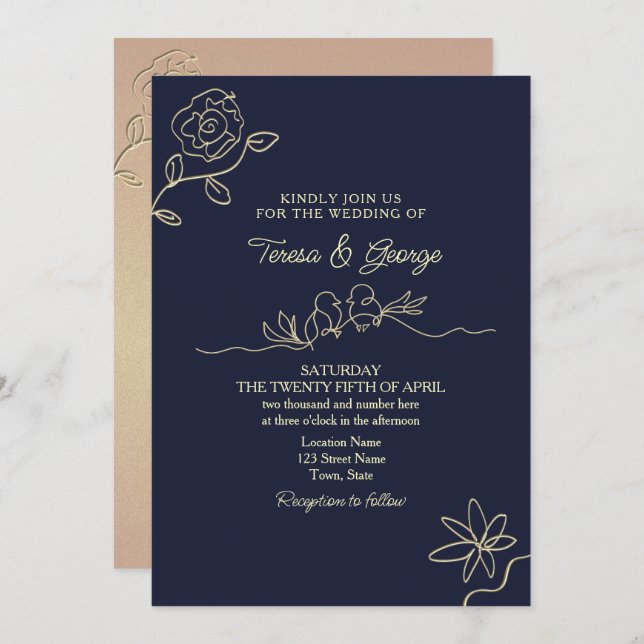 Simple Navy Blue Wedding Invitation (Front/Back)