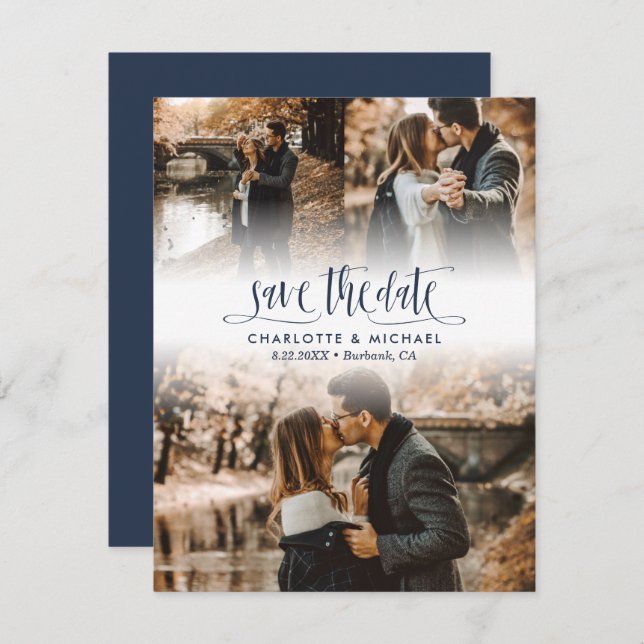 Simple Navy Blue Wedding Photo Save The Date Announcement (Front/Back)