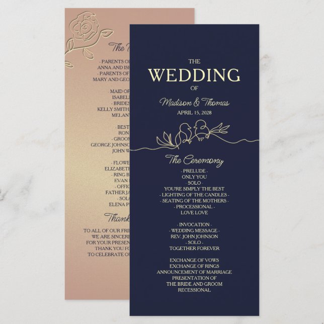 Simple Navy Blue Wedding Program Programme (Front/Back)