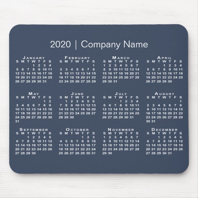 Simple Navy Blue White 2020 Calendar Company Name Mouse Pad (Front)