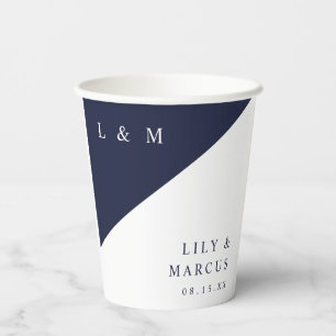Simple Navy Blue White Elegant Monogram Wedding Paper Cups