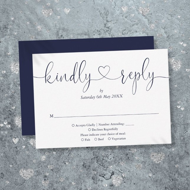 Simple Navy Blue White Script Heart Kindly Reply RSVP Card (Simple Navy Blue White Script Heart Kindly Reply RSVP Card)
