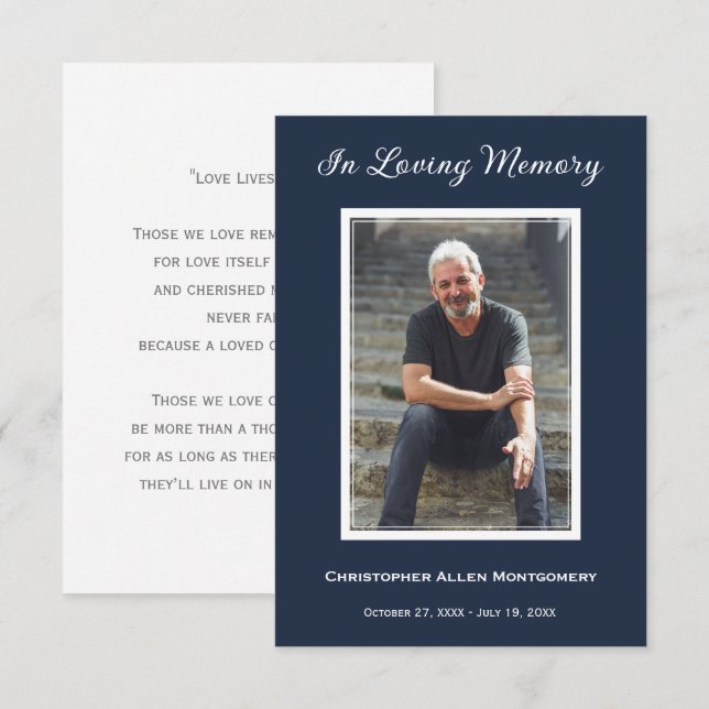 Simple Navy Funeral Photo Memorial Prayer Card (Front/Back)