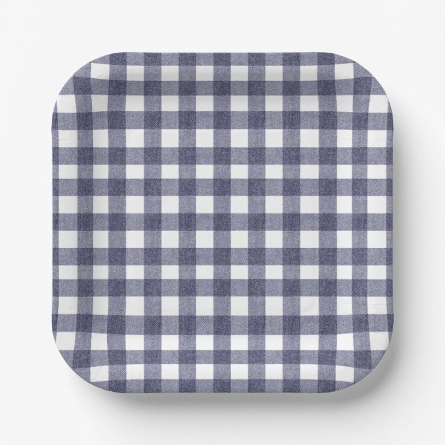 Simple navy gingham paper plates (Front)
