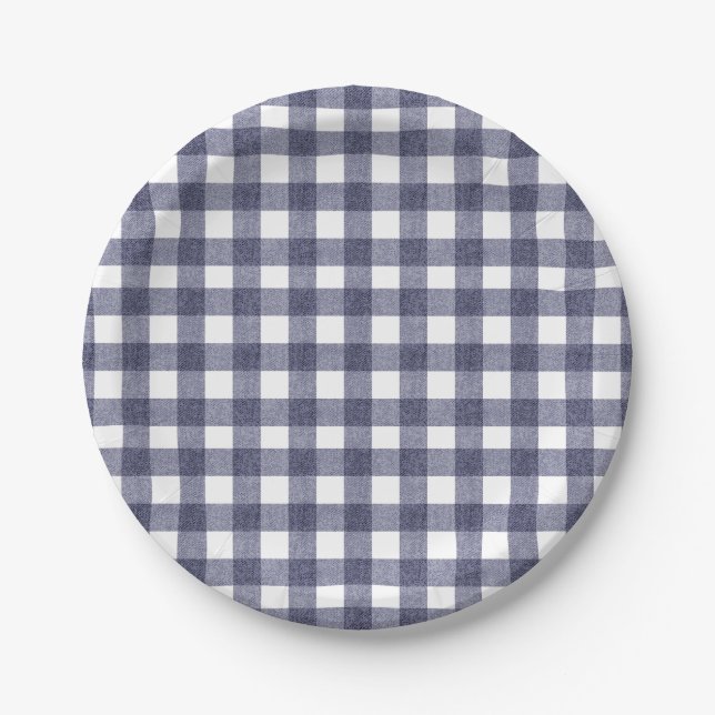 Simple navy gingham paper plates (Front)