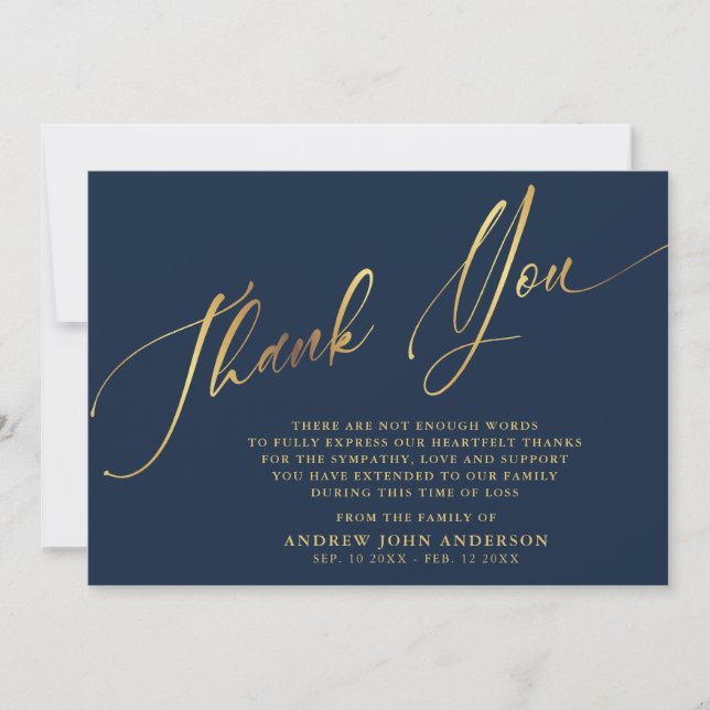 Simple Navy & Gold Calligraphy Funeral Thank You Card (Front)