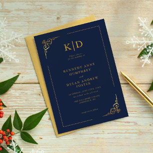 Simple Navy Gold Modern Wedding Invitation