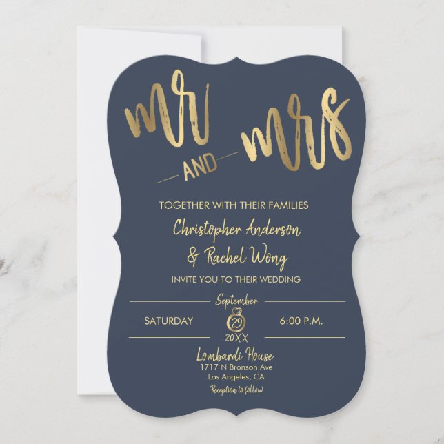 Simple Navy Gold Script Mr and Mrs Wedding Invitation (Front)