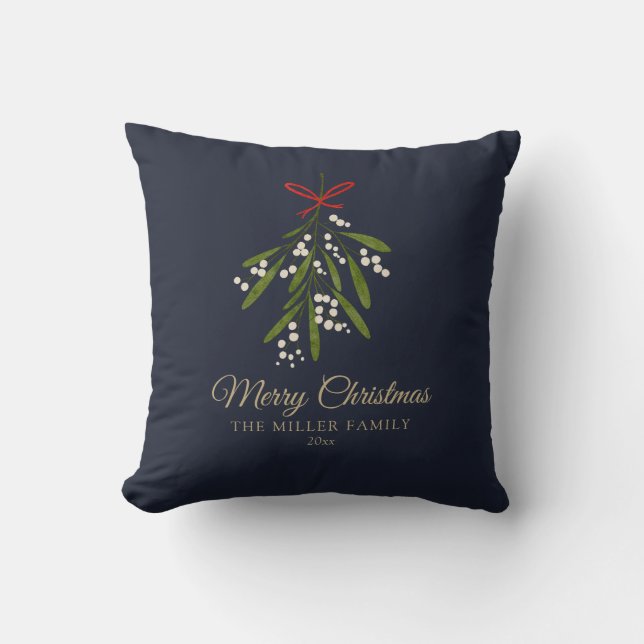 Simple navy mistletoe Christmas  Cushion (Front)