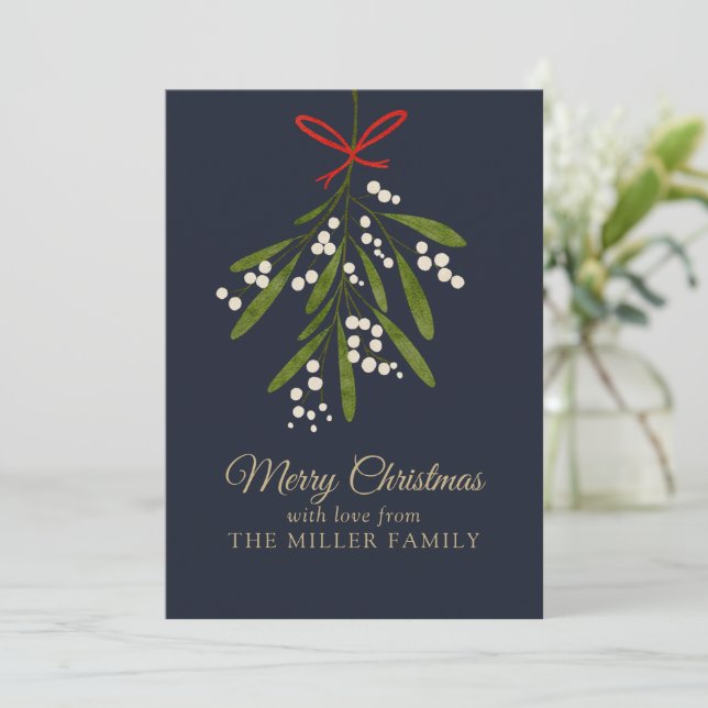 Simple navy mistletoe Christmas Holiday Card (Standing Front)