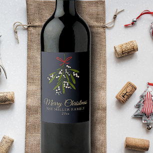Simple navy mistletoe Christmas Wine Label