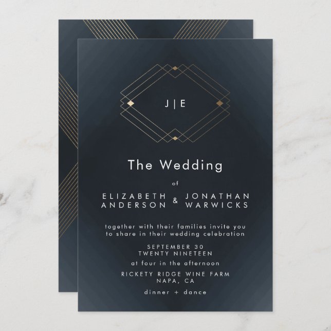 Simple Navy Modern Geometric Gold Wedding Invitation (Front/Back)