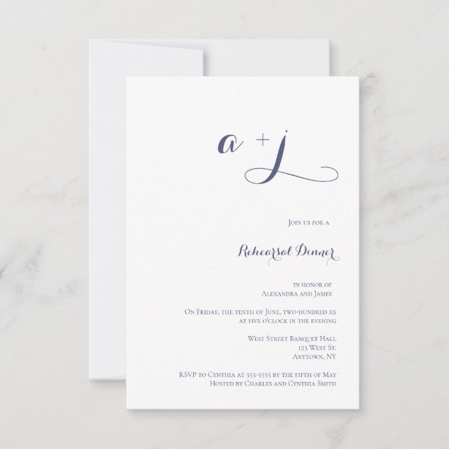 Simple navy monogram rehearsal dinner invitations (Front)