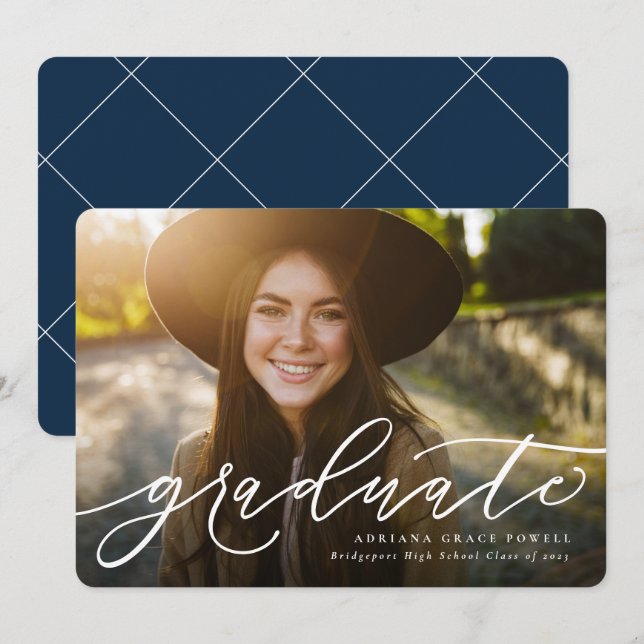 Simple navy photo graduation announcement (Front/Back)