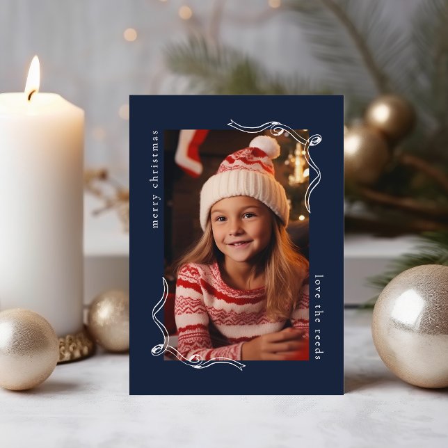 Simple Navy Photo Holiday Card with Ribbon Design (Creator Uploaded)