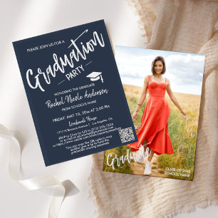 Simple Navy Script QR Code Photo Graduation Party Invitation