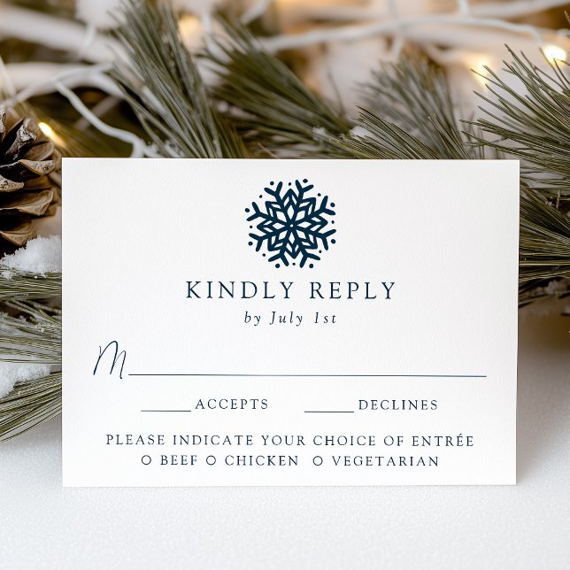 Simple Navy Snowflake Meal Choice Wedding RSVP Card (Creator Uploaded)