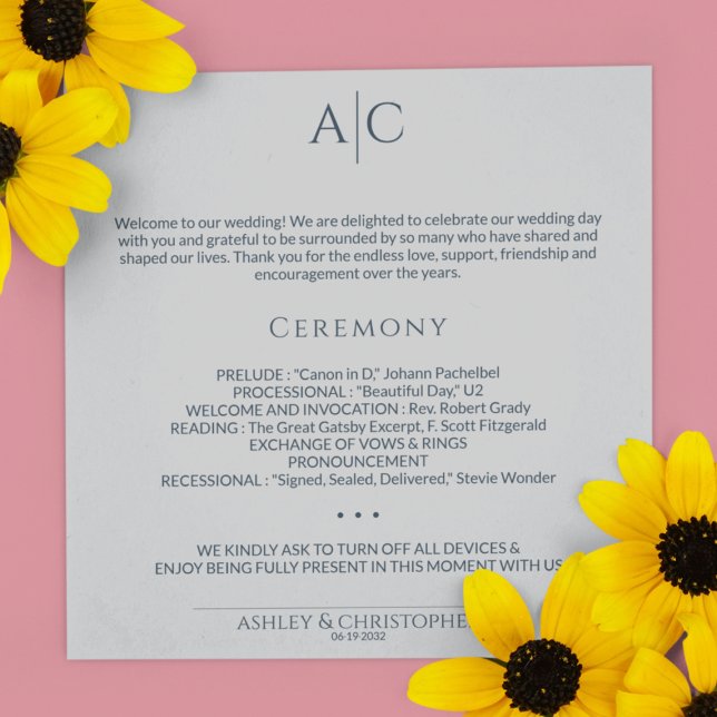 Simple Navy & Steel Grey Monogram Wedding Ceremony Programme (Creator Uploaded)