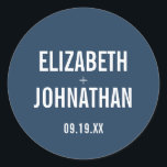 Simple Navy Typography Wedding Classic Round Sticker<br><div class="desc">Simple Navy Typography Wedding stickers or seals. Personalise the custom text above. You can find additional coordinating items in our "Simple Navy and Dusty Blue Typography Wedding" collection. ***PLEASE NOTE: ALL OF THE WORDING AND TEXT AND BACKGROUND COLOR IS EDITABLE. You can change all of the words and you can...</div>