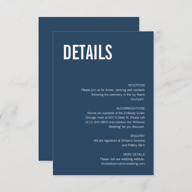 Simple Navy Typography Wedding Details Enclosure Card (Front/Back)
