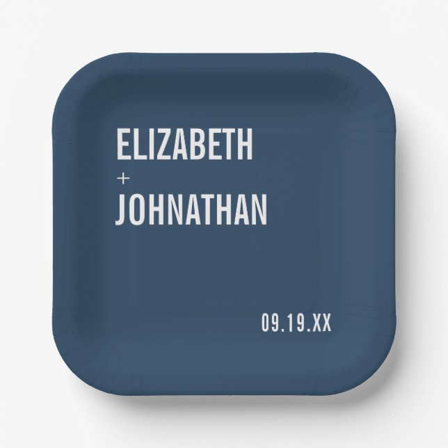 Simple Navy Typography Wedding Paper Plate (Front)