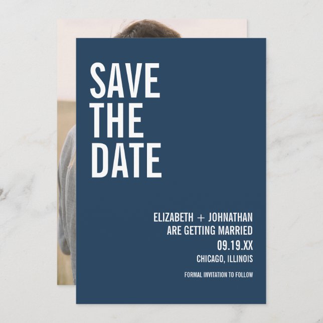 Simple Navy Typography Wedding Photo Save The Date (Front/Back)