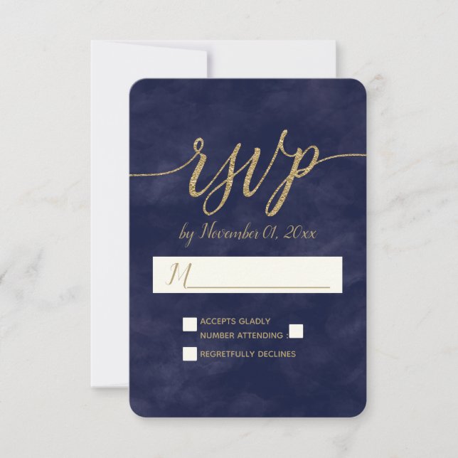 Simple Navy Watercolor & Gold Foil Wedding RSVP (Front)