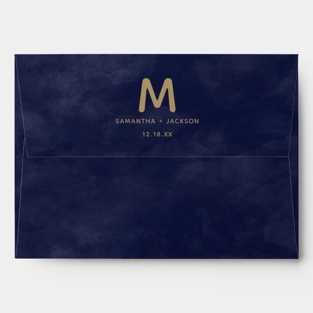 Simple Navy Watercolor & Gold Wedding Monogram Envelope (Back (Top Flap))