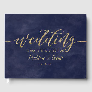 Simple Navy Watercolor & Gold Wedding Monogram Guest Book