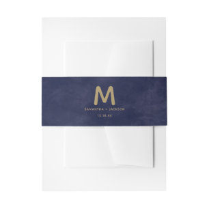 Simple Navy Watercolor & Gold Wedding Monogram Invitation Belly Band