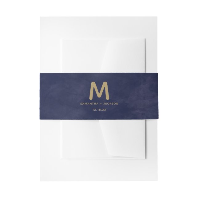 Simple Navy Watercolor & Gold Wedding Monogram Invitation Belly Band (Front Example)