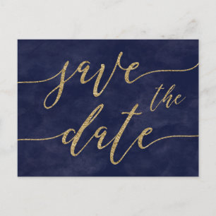 Simple Navy Watercolor Gold Wedding Save the Date Announcement Postcard