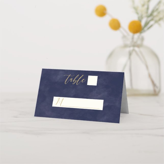 Simple Navy Watercolor Gold Wedding Table Seating Place Card (Front)