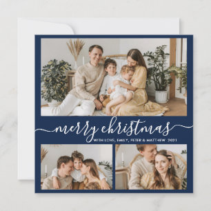 Simple Navy White 3 Photo Collage Christmas Holiday Card