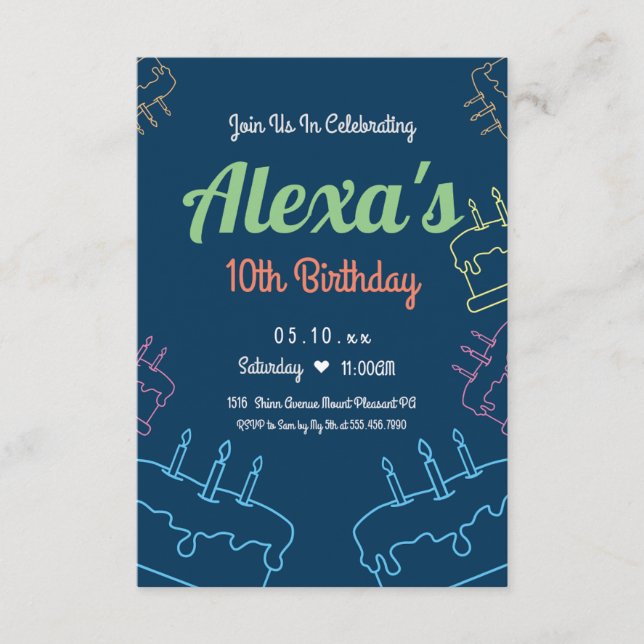 Simple Neon 10th Birthday Invitation | Customizabl (Front)