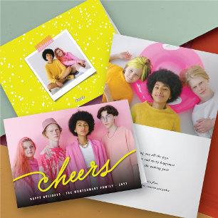Simple Neon Yellow Cheers Calligraphy Script Photo Holiday Card