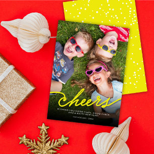 Simple Neon Yellow Cheers Calligraphy Script Photo Holiday Card