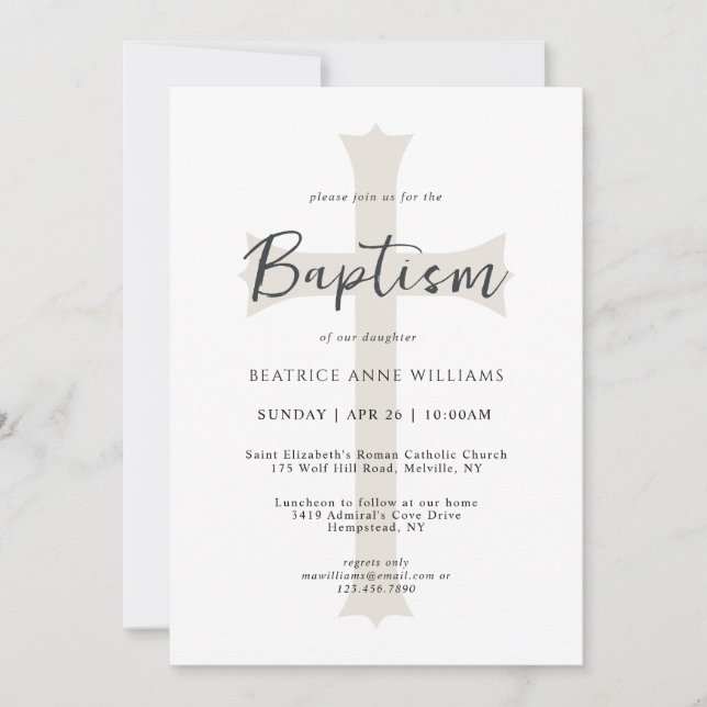 Simple Neutral Beige Cross Baby Baptism with Photo Invitation (Front)
