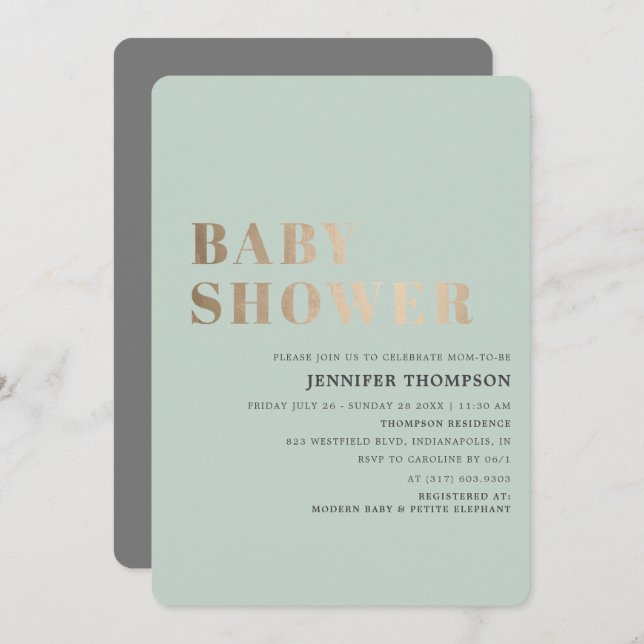 Simple Neutral Eucalyptus Green & Gold Baby Shower Invitation (Front/Back)