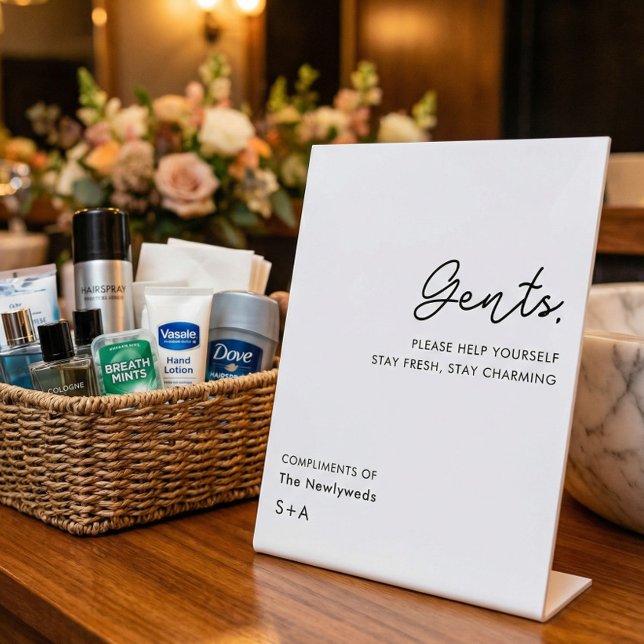 Simple Neutral Gentlemen Wedding Bathroom Basket Pedestal Sign (Creator Uploaded)