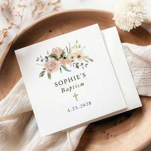 Simple Neutral Watercolor Flowers Baptism Napkin