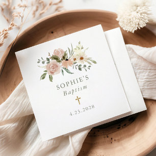 Simple Neutral Watercolor Flowers   Baptism Napkin