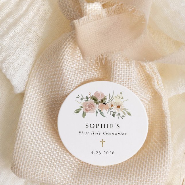 Simple Neutral Watercolor Flowers First Communion Classic Round Sticker (Creator Uploaded)