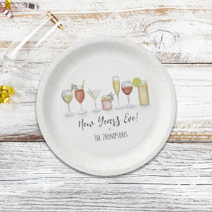 Simple New Years Party Cocktail Drinks Watercolor Paper Plate