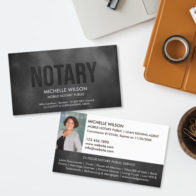Simple Notary Public Loan Signing Agent Photo Business Card (black  leather with embossed "notary" text business card)