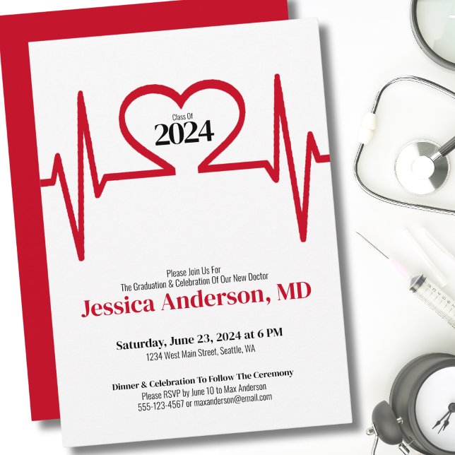 Simple Nursing Doctor Medical School Graduation Invitation (Simple Heart Beat Doctor Medical School Graduation Invitation)