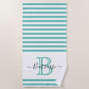 Simple Ocean Teal Line Nautical Monogram Initial Beach Towel