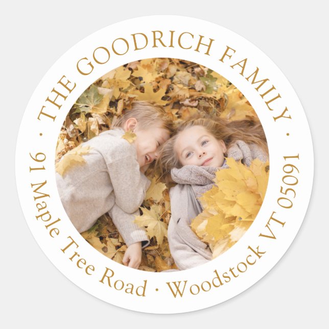 Simple Ochre Fall Photo Round Return Address Label (Front)